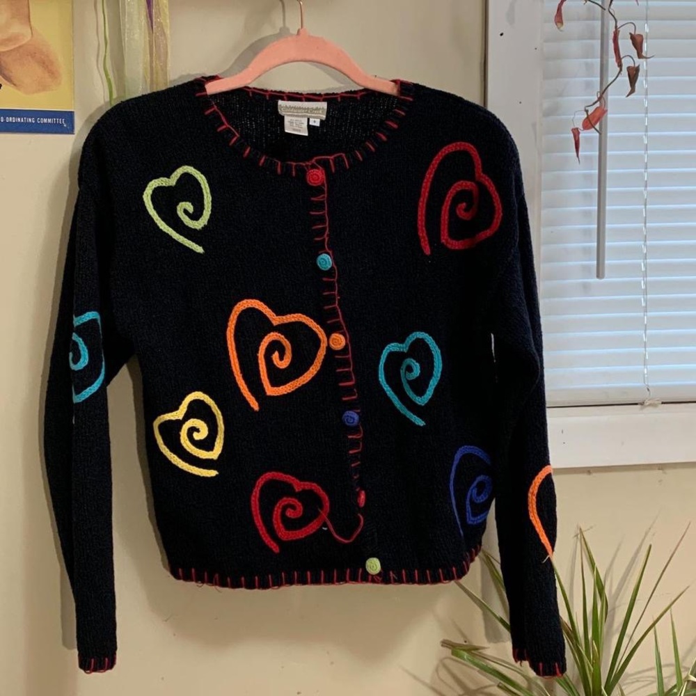 Vintage Hand Knitted Multi Color Heart Cardigan